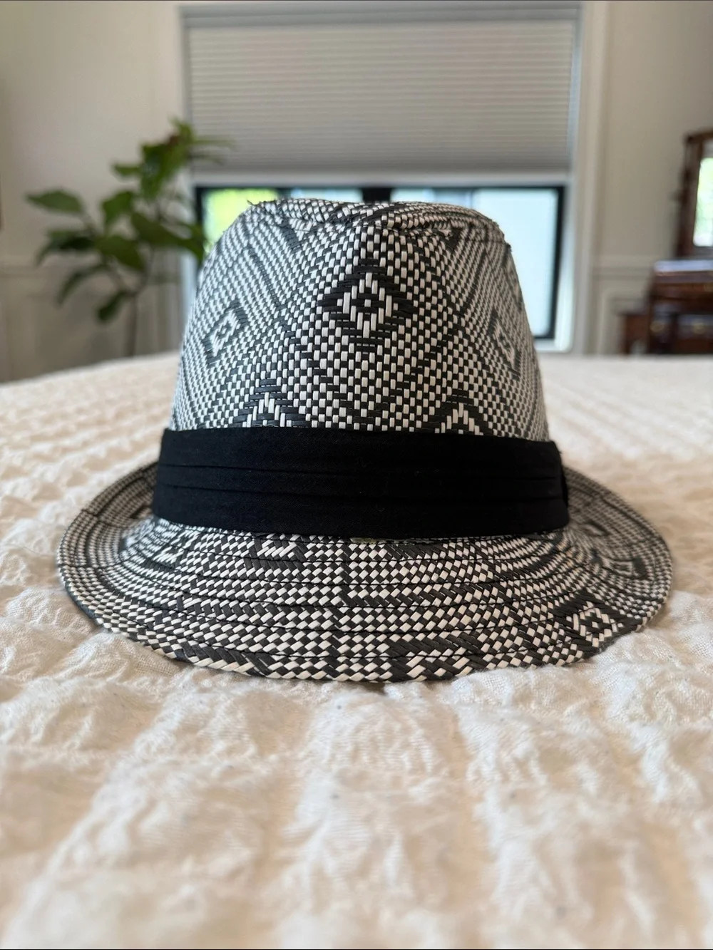Black & White Patterned Fedora Hat with Black Band